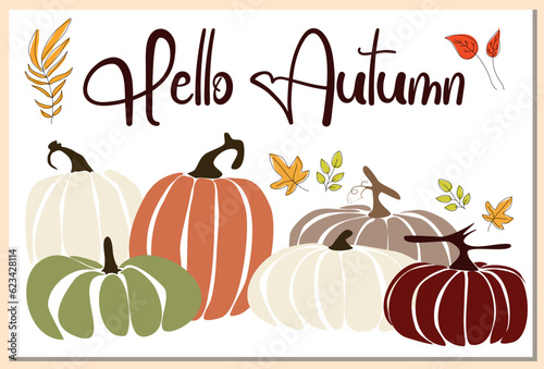 Set cards Hello Autumn. Set with pumpkin and leaf. A set of autumn illustrations depicting autumn objects, leaves, and home comforts. Vector design of postcard, poster, banner, flyer, web