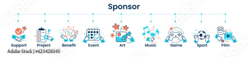 Sponsor banner web. Concept with icon of support, project, benefit, art, event, music, sport, film.