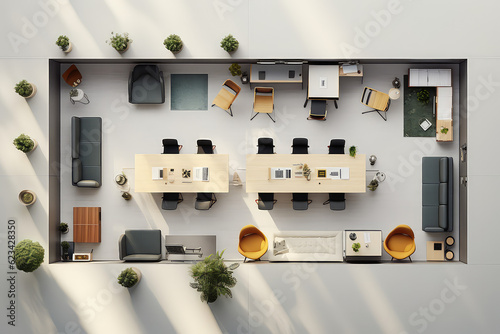 Top view of a visualization of the interior of an office space. 3d layout of a business center floor with open workspace. Generative AI 3d render illustration. photo