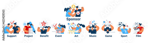 Sponsor banner web. Concept with icon of support, project, benefit, art, event, music, sport, film.