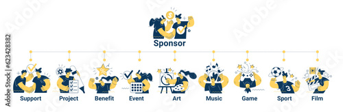 Sponsor banner web. Concept with icon of support, project, benefit, art, event, music, sport, film.