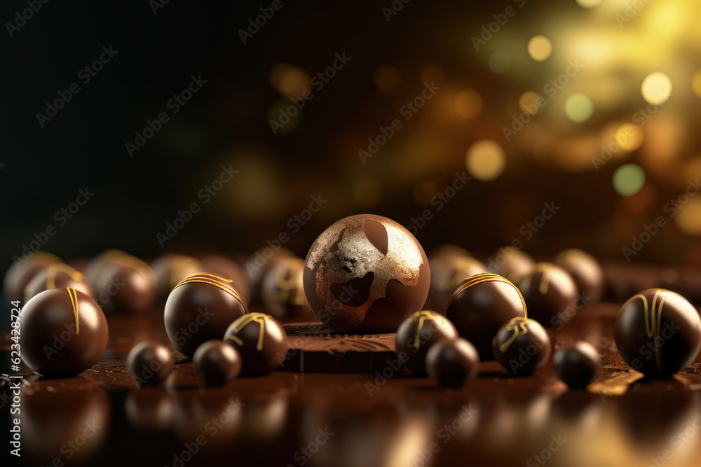 Naklejka premium Chocolate on wood table with blur background. AI generated