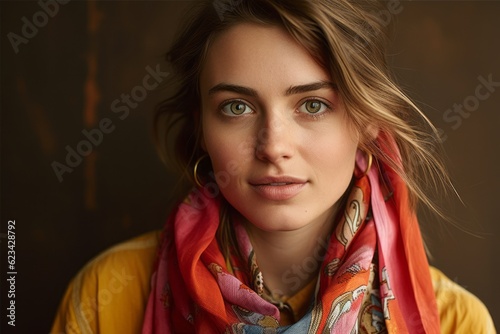 Close-up portrait photography of a glad girl in her 20s wearing a colorful neckerchief against a rustic brown background. With generative AI technology