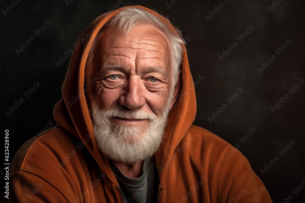 Close-up portrait photography of a satisfied old man wearing a stylish hoodie against a rustic brown background. With generative AI technology Close-up portrait photography of a satisfied old man wearing a stylish hoodie against a rustic brown background. With generative AI technology