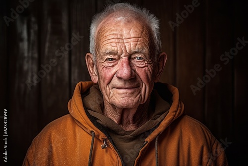 Close-up portrait photography of a satisfied old man wearing a stylish hoodie against a rustic brown background. With generative AI technology © Markus Schröder