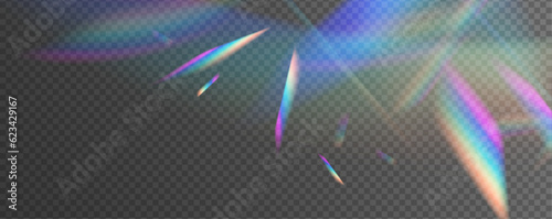 Light streak overlay pattern designs. Set Rainbow crystal light leak flare reflection effect. Transparent refraction elements. Vector illustration.