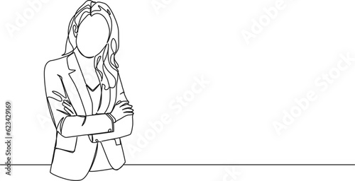 continuous single line drawing of business woman with her arms crossed, line art vector illustration