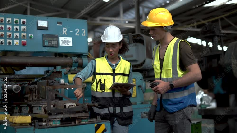 group of two African American industrial Engineer manager woman discussion with mechanic worker man using tablet checking machinery in industry manufacturing large factory . talking inspection group of two African American industrial Engineer manager woman discussion with mechanic worker man using tablet checking machinery in industry manufacturing large factory . talking inspection