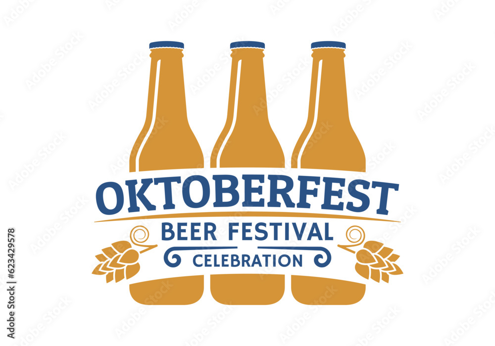 Oktoberfest logo or label with beer bottles. Bavarian festival vintage design. October fest emblem, poster or banner template. Traditional German, Munich fest retro badge. Vector illustration. Oktoberfest logo or label with beer bottles. Bavarian festival vintage design. October fest emblem, poster or banner template. Traditional German, Munich fest retro badge. Vector illustration.