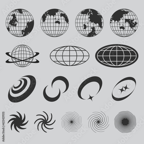 Globe  and abstract elements for posters and streetwear fashion design vector set