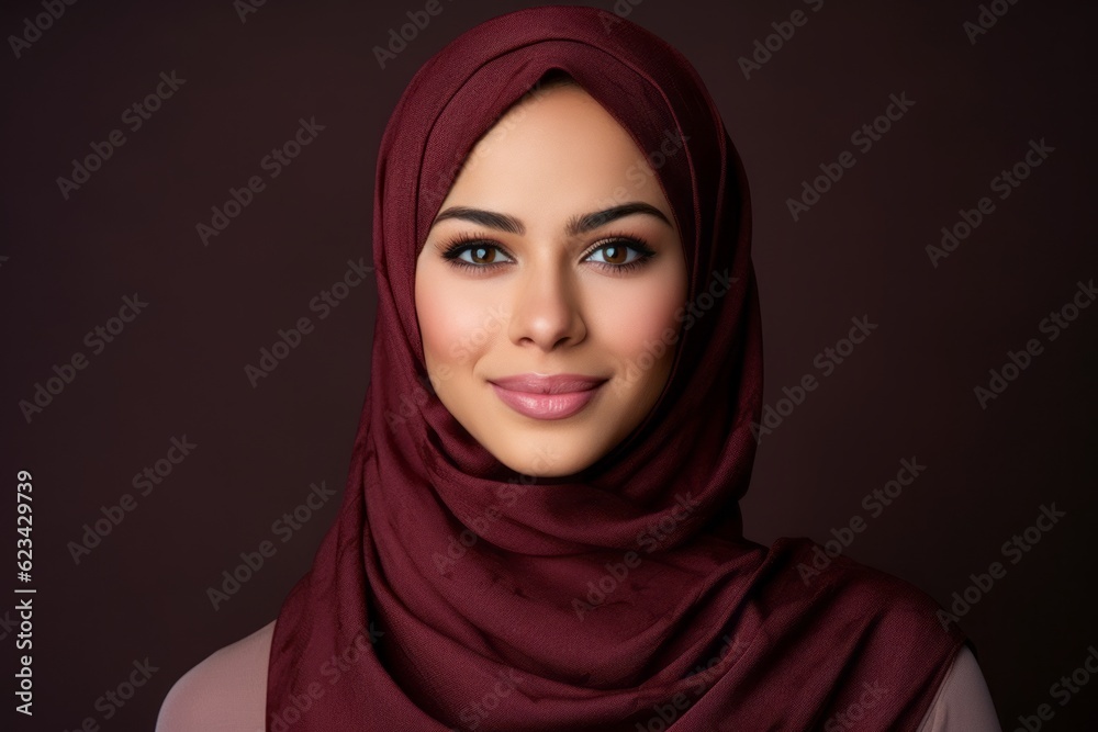 Headshot portrait photography of a glad girl in her 30s wearing hijab against a rich maroon background. With generative AI technology Headshot portrait photography of a glad girl in her 30s wearing hijab against a rich maroon background. With generative AI technology