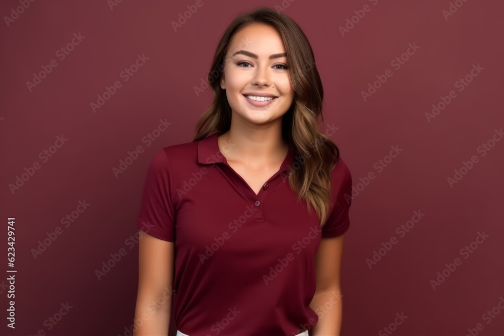 Medium shot portrait photography of a satisfied girl in her 30s wearing a casual short-sleeve shirt against a rich maroon background. With generative AI technology Medium shot portrait photography of a satisfied girl in her 30s wearing a casual short-sleeve shirt against a rich maroon background. With generative AI technology