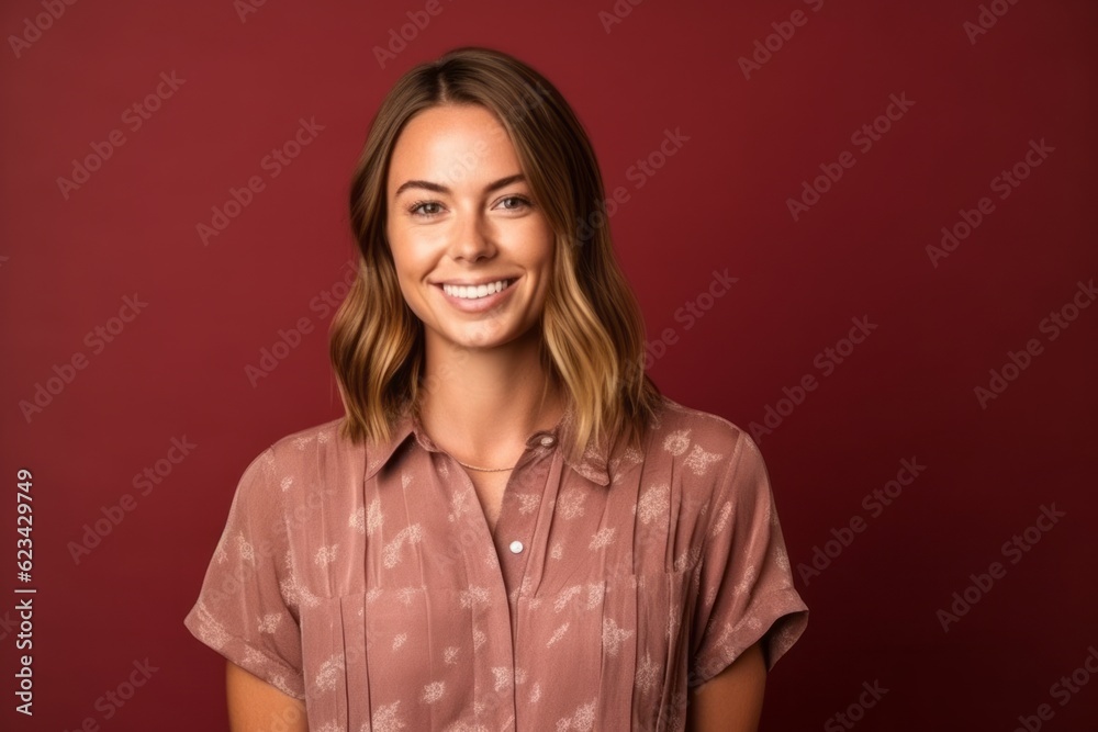 Medium shot portrait photography of a satisfied girl in her 30s wearing a casual short-sleeve shirt against a rich maroon background. With generative AI technology