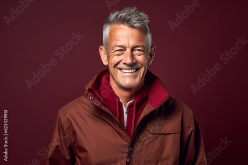 Lifestyle portrait photography of a grinning mature man wearing a lightweight windbreaker against a rich maroon background. With generative AI technology