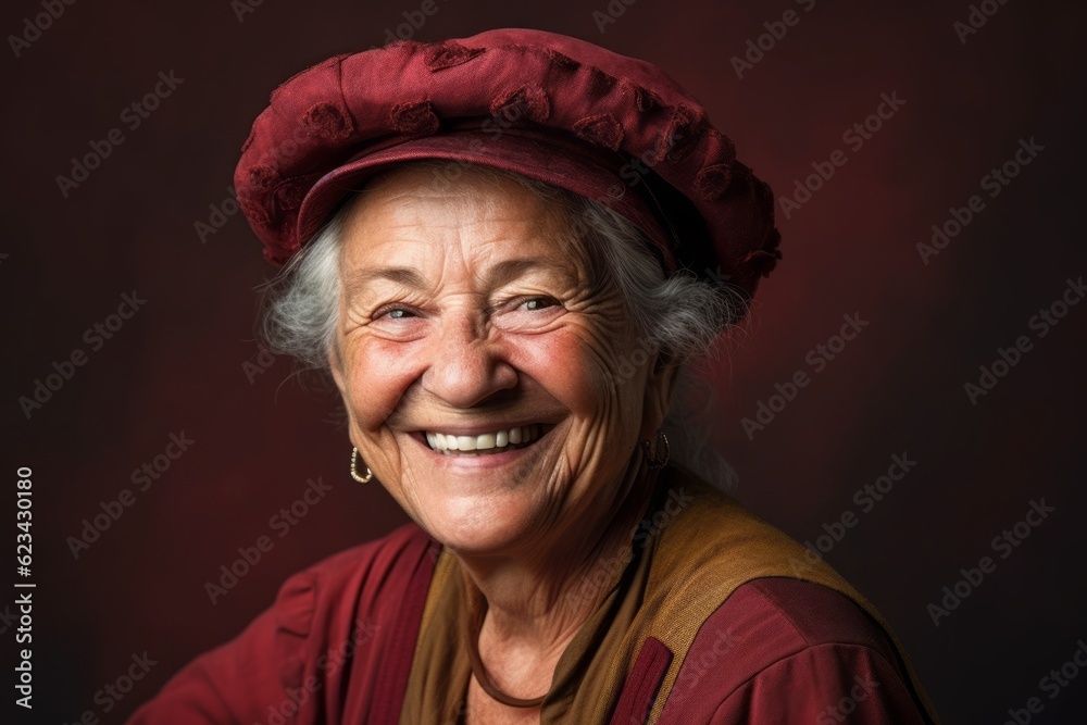 Environmental portrait photography of a grinning old woman wearing a cool cap or hat against a rich maroon background. With generative AI technology Environmental portrait photography of a grinning old woman wearing a cool cap or hat against a rich maroon background. With generative AI technology