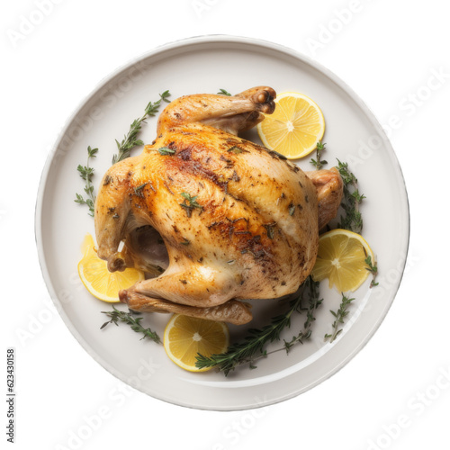 Lemon Herb Roasted Chicken isolated on transparent background. Generative AI