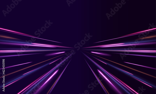 Panoramic high speed technology concept, light abstract background.  Image of speed motion on the road. Abstract background in blue and purple neon glow colors. Concept of leading in business, Hi tech