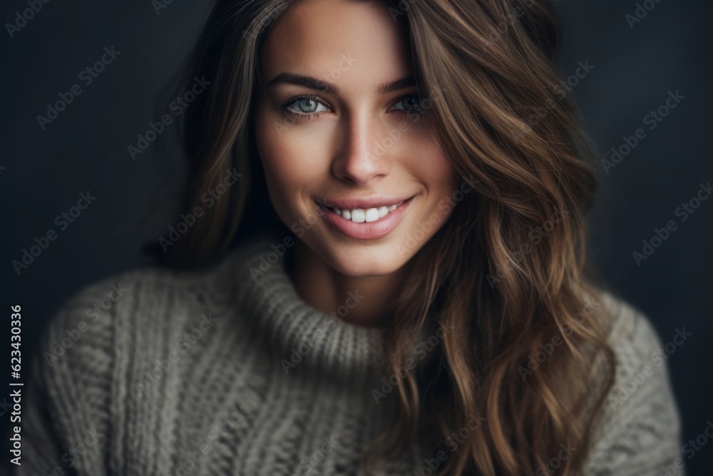 Close-up portrait photography of a glad girl in her 30s wearing a cozy sweater against a dark grey background. With generative AI technology Close-up portrait photography of a glad girl in her 30s wearing a cozy sweater against a dark grey background. With generative AI technology