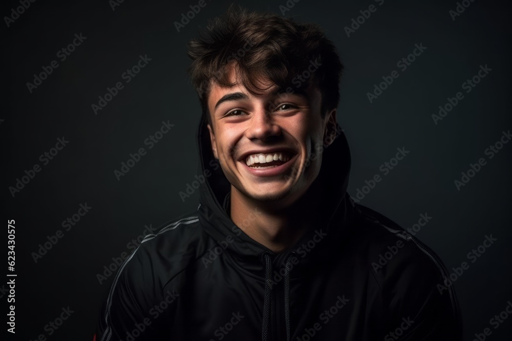 Medium shot portrait photography of a joyful boy in his 20s wearing a comfortable tracksuit against a dark grey background. With generative AI technology Medium shot portrait photography of a joyful boy in his 20s wearing a comfortable tracksuit against a dark grey background. With generative AI technology
