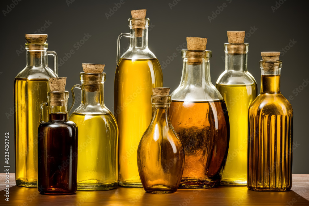 Group of glass bottles of vegetable oil against a gray background. 