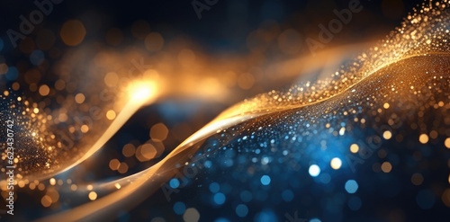Digital particles gold color wave flow abstract background, Gold and blue.