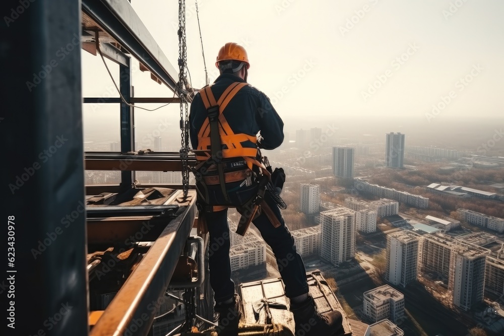 Working at height equipment, Construction worker wearing safety gear working at construction site.