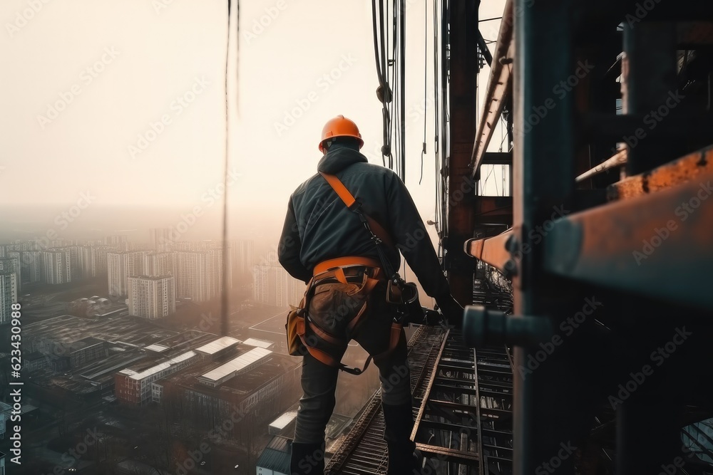 Construction worker wearing safety working at high uniform on scaffolding at construction site. Construction worker wearing safety working at high uniform on scaffolding at construction site.