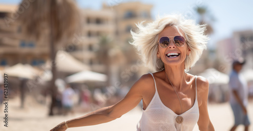 AI generated image of happy mature senior female on vacation