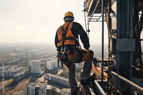 Construction worker wear standard personal protective equipment, Working on structure at height rise building project.