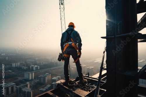 Working at height equipment  Construction worker wearing safety gear working at construction site.