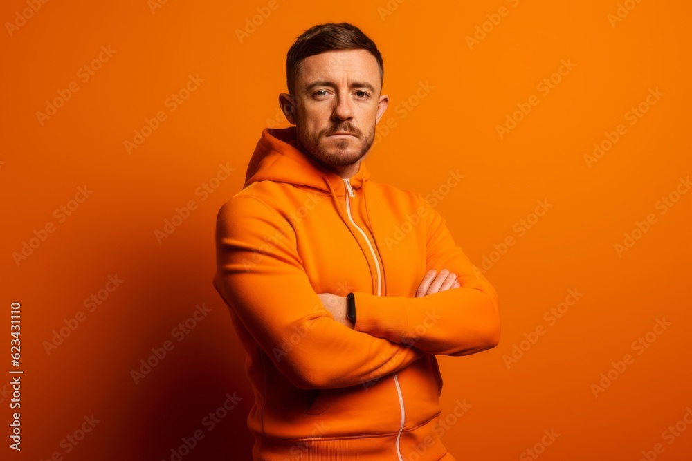 Lifestyle portrait photography of a glad boy in his 30s wearing a comfortable tracksuit against a tangerine orange background. With generative AI technology