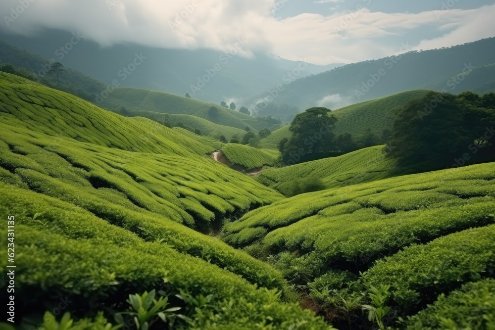 green tea plantation, Nature background with blue sky and foggy.