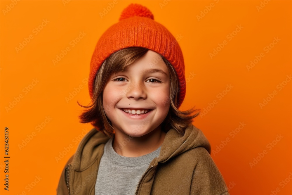 Medium shot portrait photography of a happy boy in his 30s wearing a warm beanie against a tangerine orange background. With generative AI technology Medium shot portrait photography of a happy boy in his 30s wearing a warm beanie against a tangerine orange background. With generative AI technology