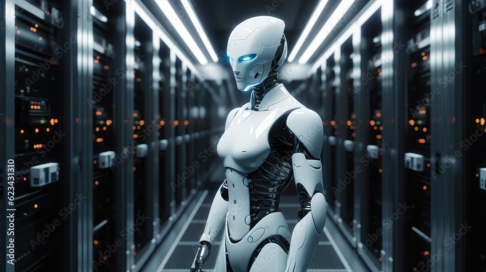 Humanoid robot are checking servers in a data center, Technology concept. Humanoid robot are checking servers in a data center, Technology concept.