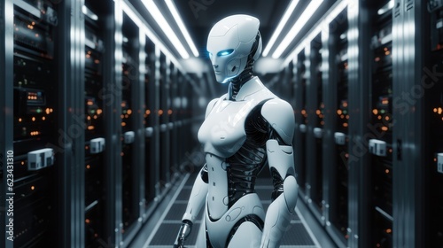 Humanoid robot are checking servers in a data center, Technology concept.
