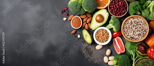 Clean Eating Delights: A Selection of Healthy Foods including Fruits, Vegetables, Seeds, Superfoods, Cereal, and Leafy Greens on a Gray Concrete Background