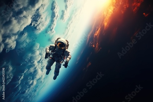 Spaceman and planet, Human in space concept, Astronaut in outer open space over the planet Earth. © visoot