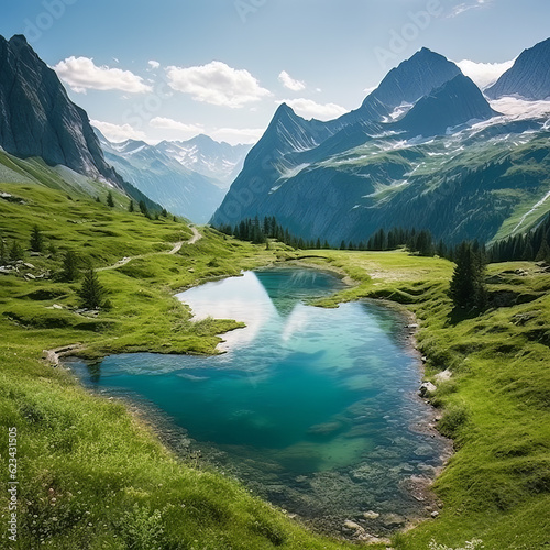 Summer Spring Landscape with Green Big Mountains Trees and a Clear Lake 