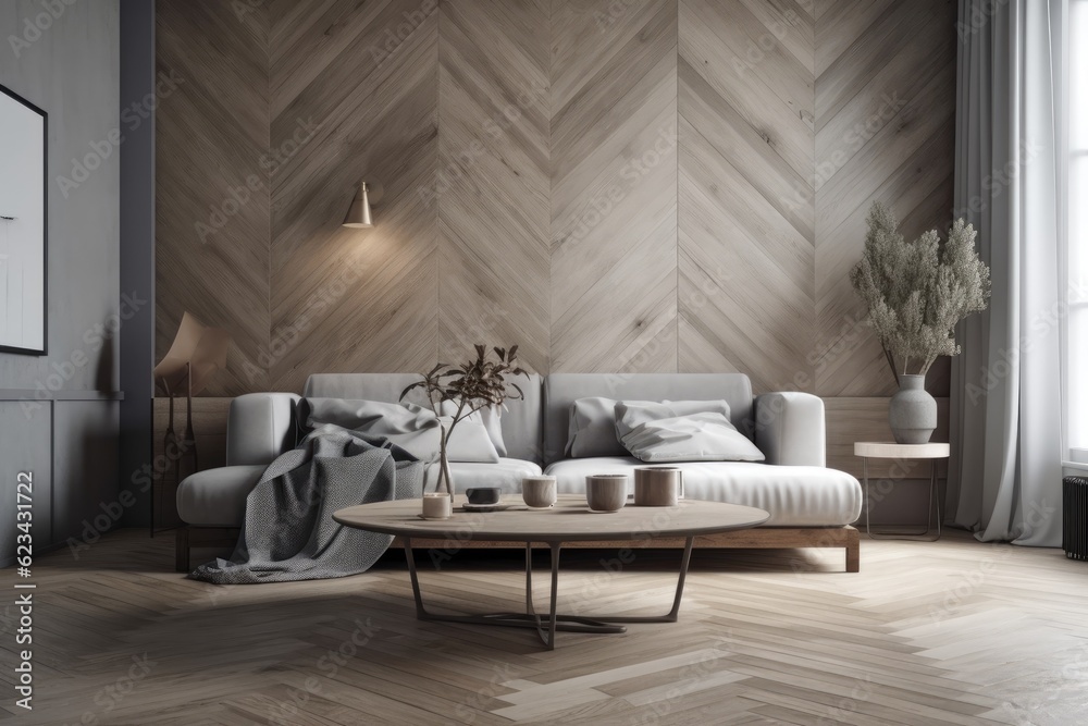 Scandinavian style decor. an empty wall with a herringbone panel. Design of the room in taupe, beige, white, and gray tones. Black table and light sofa. Generative AI Scandinavian style decor. an empty wall with a herringbone panel. Design of the room in taupe, beige, white, and gray tones. Black table and light sofa. Generative AI