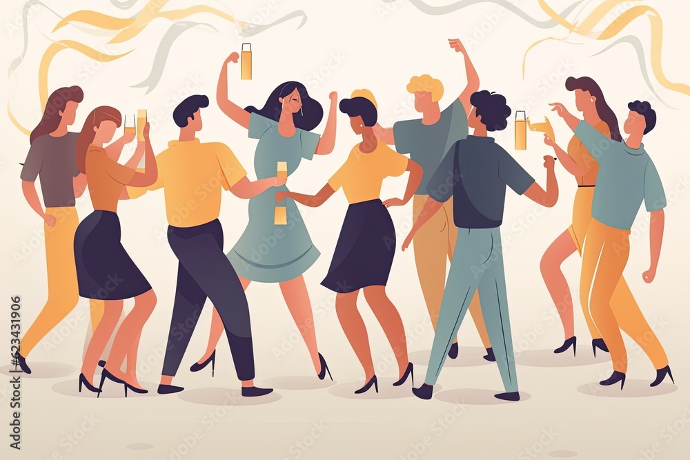 Illustration of dancing young people at a party.