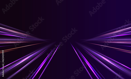 Panoramic high speed technology concept, light abstract background.  Image of speed motion on the road. Abstract background in blue and purple neon glow colors. Concept of leading in business, Hi tech