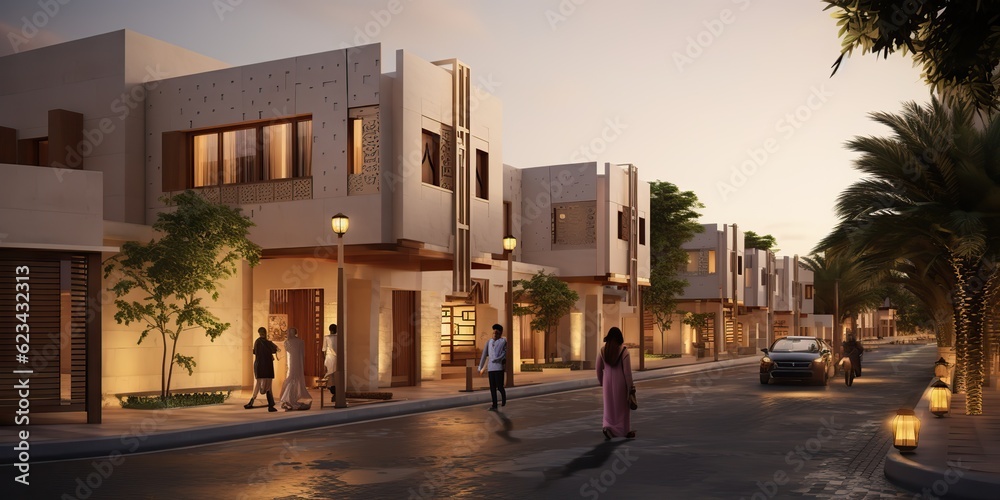 AI Generated. AI Generative. Saudi Arabia city town townhouse nature outdoor landscape. Luxury modern distric histirical arabic city. Graphic Art