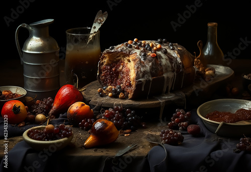 Heap of rotten unhealthy fruits and bread on abandoned Vintage table 