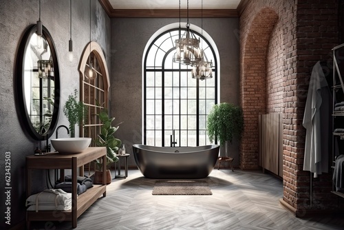 Showcase of traditional bathroom interior design with parquet flooring and gray arched brick walls. bathtub that is freestanding  a contemporary pendant light  simple accessories  towels  and candles