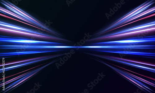 Panoramic high speed technology concept, light abstract background.  Image of speed motion on the road. Abstract background in blue and purple neon glow colors. Concept of leading in business, Hi tech