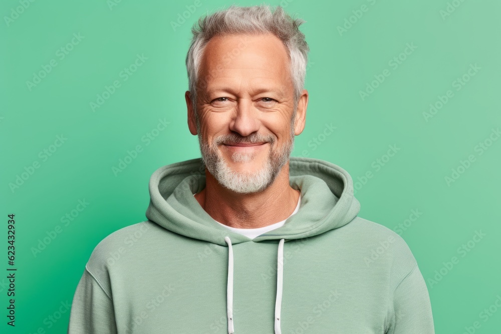 Headshot portrait photography of a satisfied mature man wearing a stylish hoodie against a pastel green background. With generative AI technology Headshot portrait photography of a satisfied mature man wearing a stylish hoodie against a pastel green background. With generative AI technology