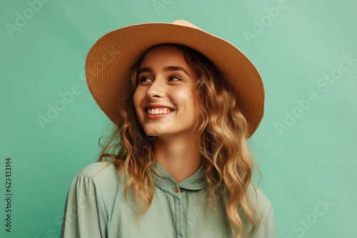 Lifestyle portrait photography of a satisfied girl in her 20s wearing a stylish sun hat against a pastel green background. With generative AI technology © Markus Schröder