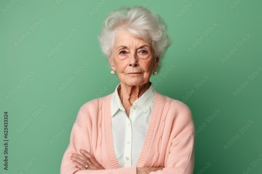 Medium shot portrait photography of a tender old woman wearing a chic cardigan against a pastel green background. With generative AI technology Medium shot portrait photography of a tender old woman wearing a chic cardigan against a pastel green background. With generative AI technology