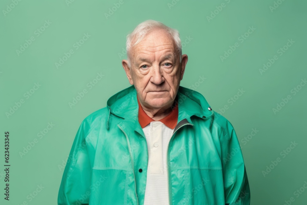 Medium shot portrait photography of a satisfied old man wearing a lightweight windbreaker against a pastel green background. With generative AI technology Medium shot portrait photography of a satisfied old man wearing a lightweight windbreaker against a pastel green background. With generative AI technology
