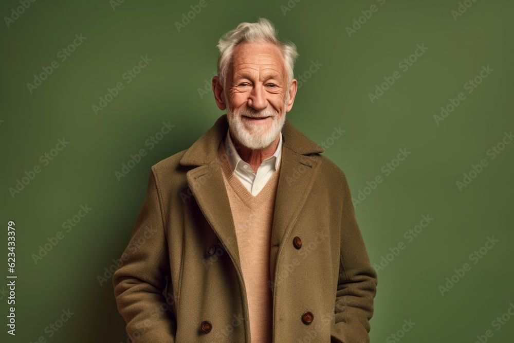 Lifestyle portrait photography of a grinning old man wearing a cozy winter coat against a pastel green background. With generative AI technology Lifestyle portrait photography of a grinning old man wearing a cozy winter coat against a pastel green background. With generative AI technology